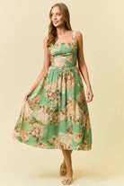 Doe & Rae Ruched Floral Midi Dress in Green