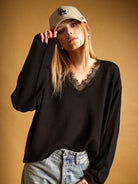 Miou Muse Long Sleeve Lace Contrasted Knit Top - Black