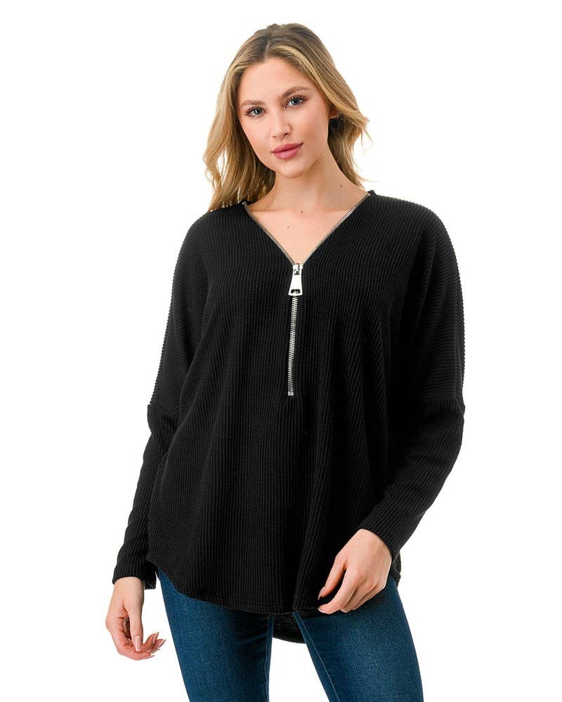 Ariella USA Dolman Sleeve Zipper Top in Black