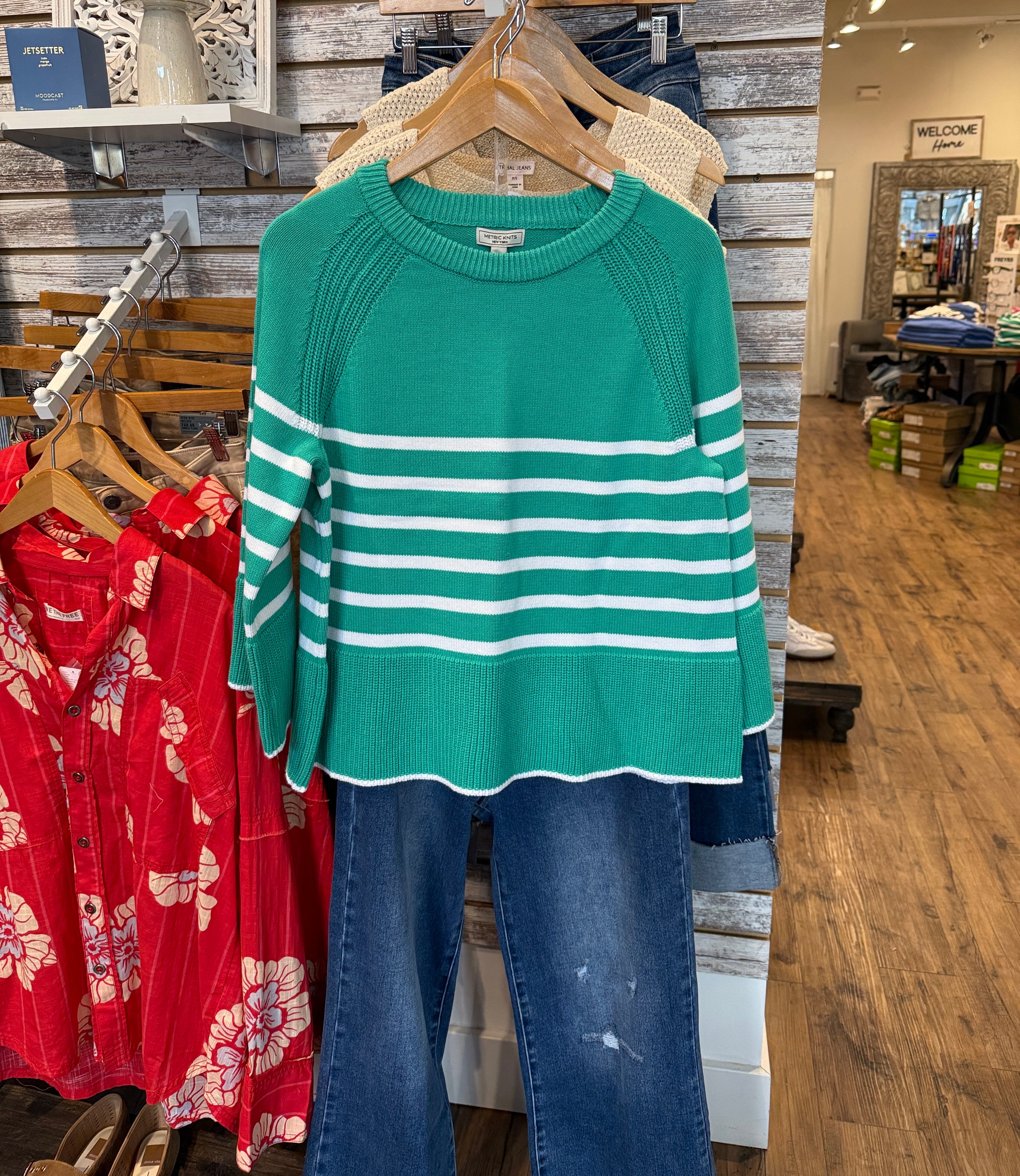 Green, Long Sleeve Sweater with White Stripes.