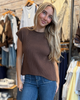 Rolled Trim Ribbed Short Sleeve Sweater - Brown