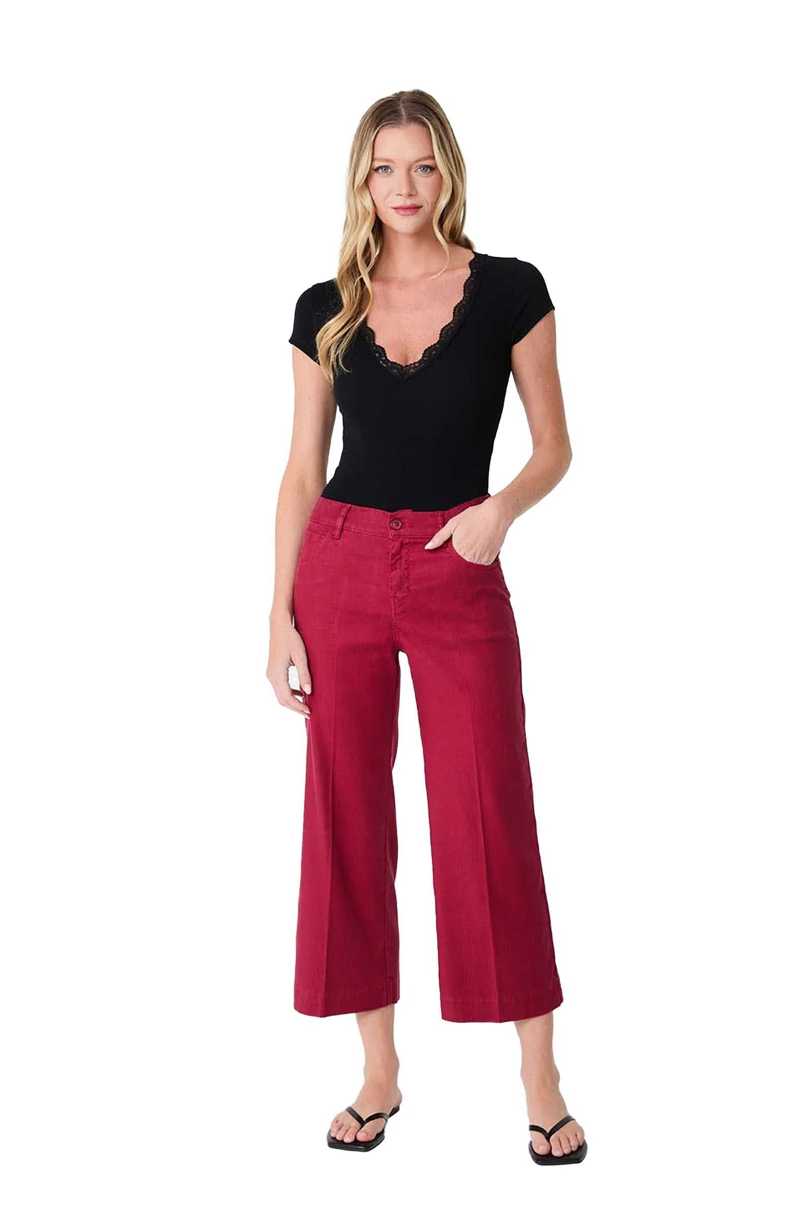 Level99 Ruby Red Cropped Linen Blend Pants.