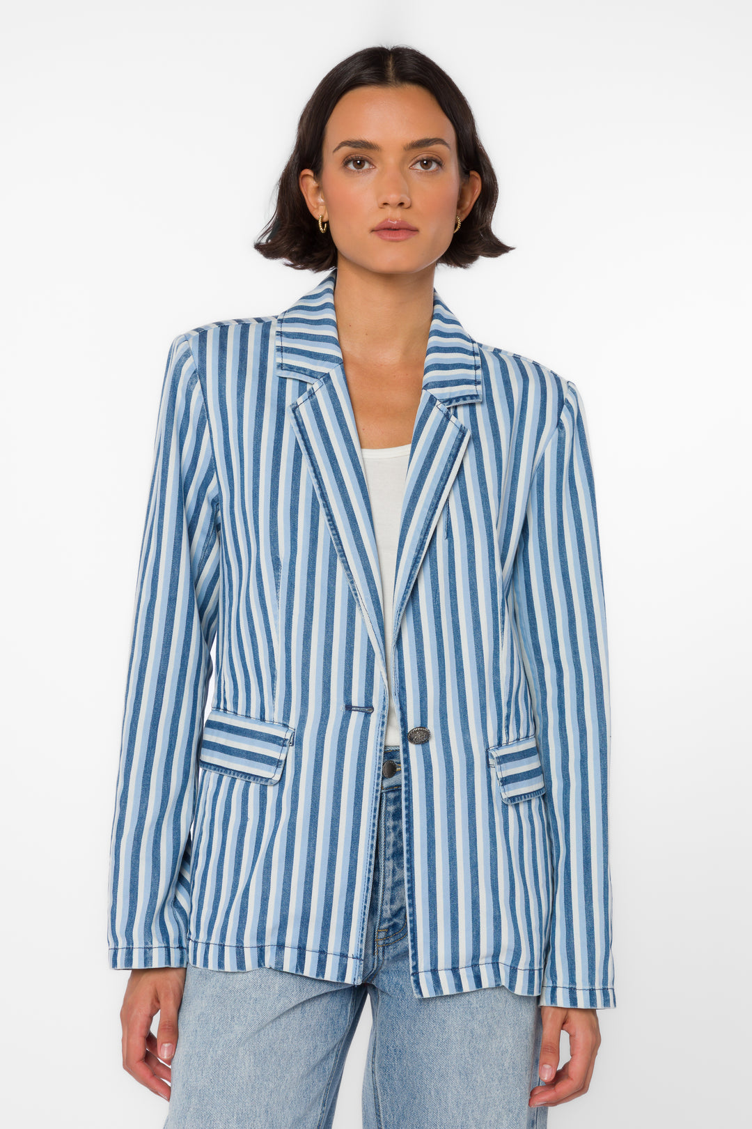 Velvet Heart Blue and White Striped One button Blazer