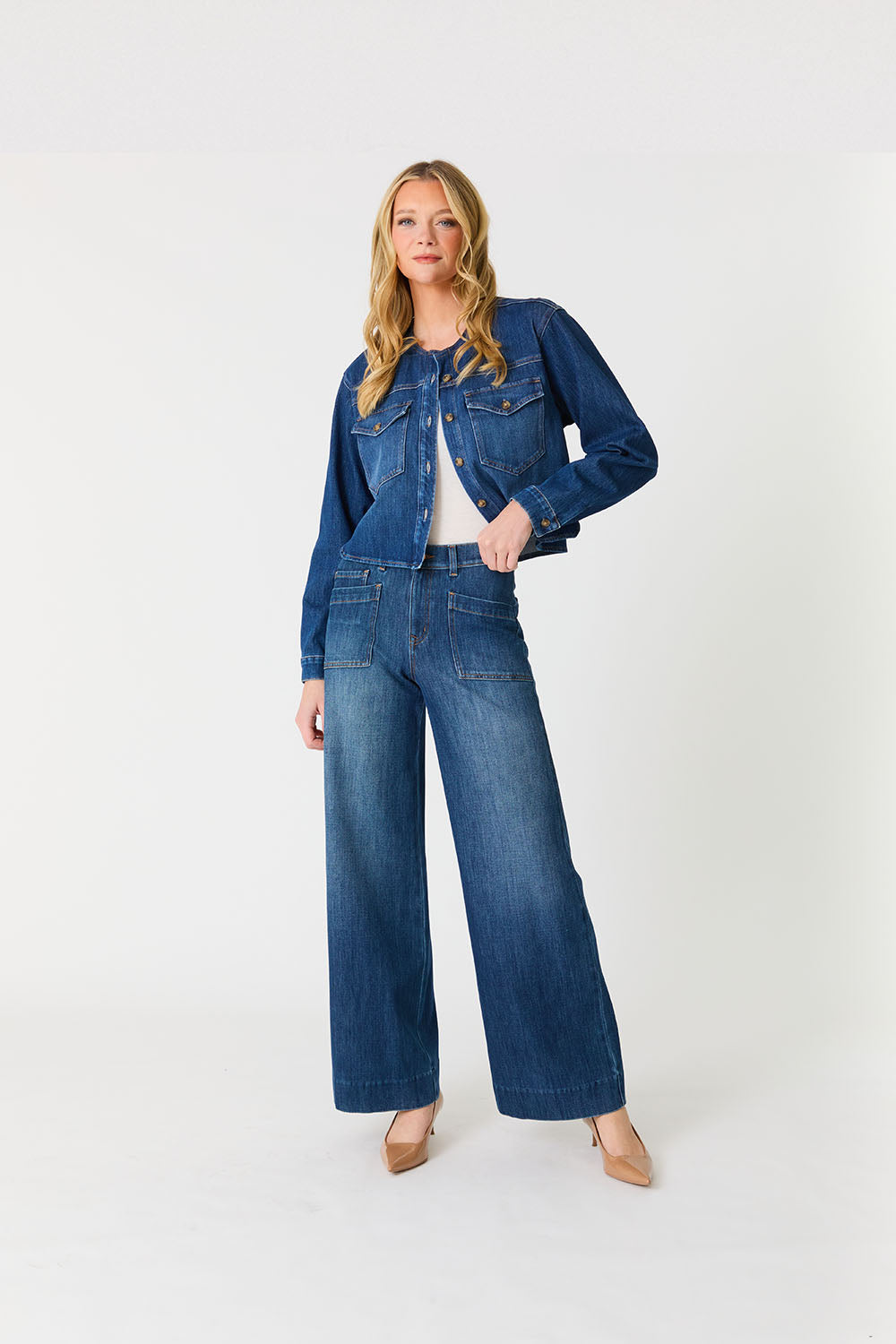 Blue wide leg denim jeans with front pockets
