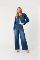 Blue wide leg denim jeans with front pockets