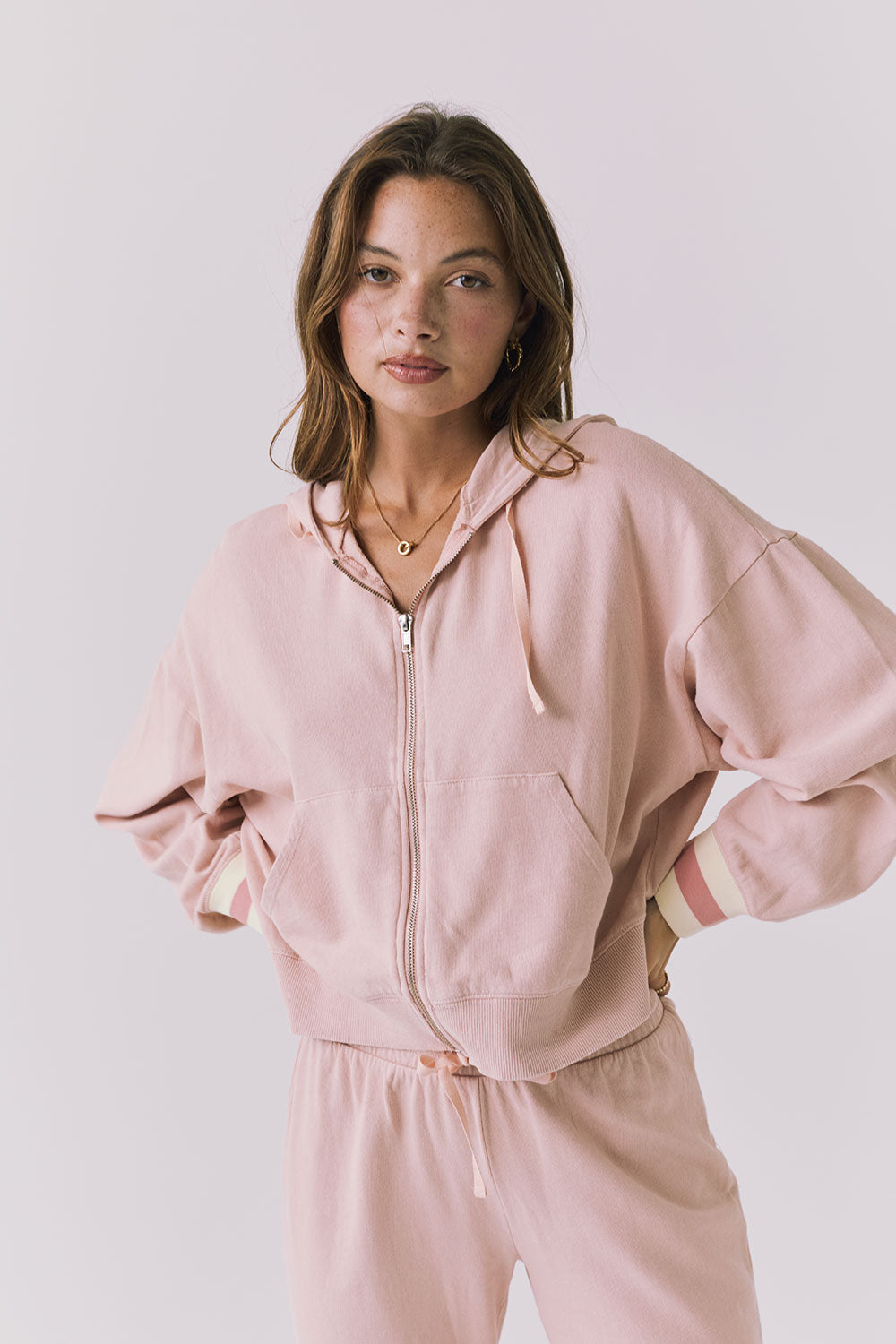 Chaser pink peach zip up hoodie jacket with varsity striped cuffs