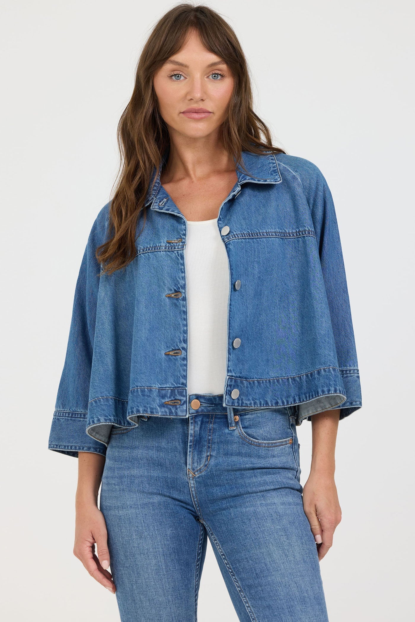 blue oversized collared denim jacket