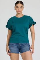 teal blouse with ruffle short sleeves and crewneck