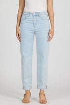 light wash blue denim tapered jeans high rise with rolled cuffed hems
