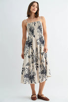 Strappy Smock Top Floral Midi Dress - Ivory/Navy