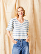 Vneck short sleeve striped sweater