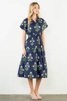 Navy Floral Pattern Smocked Waist Dress