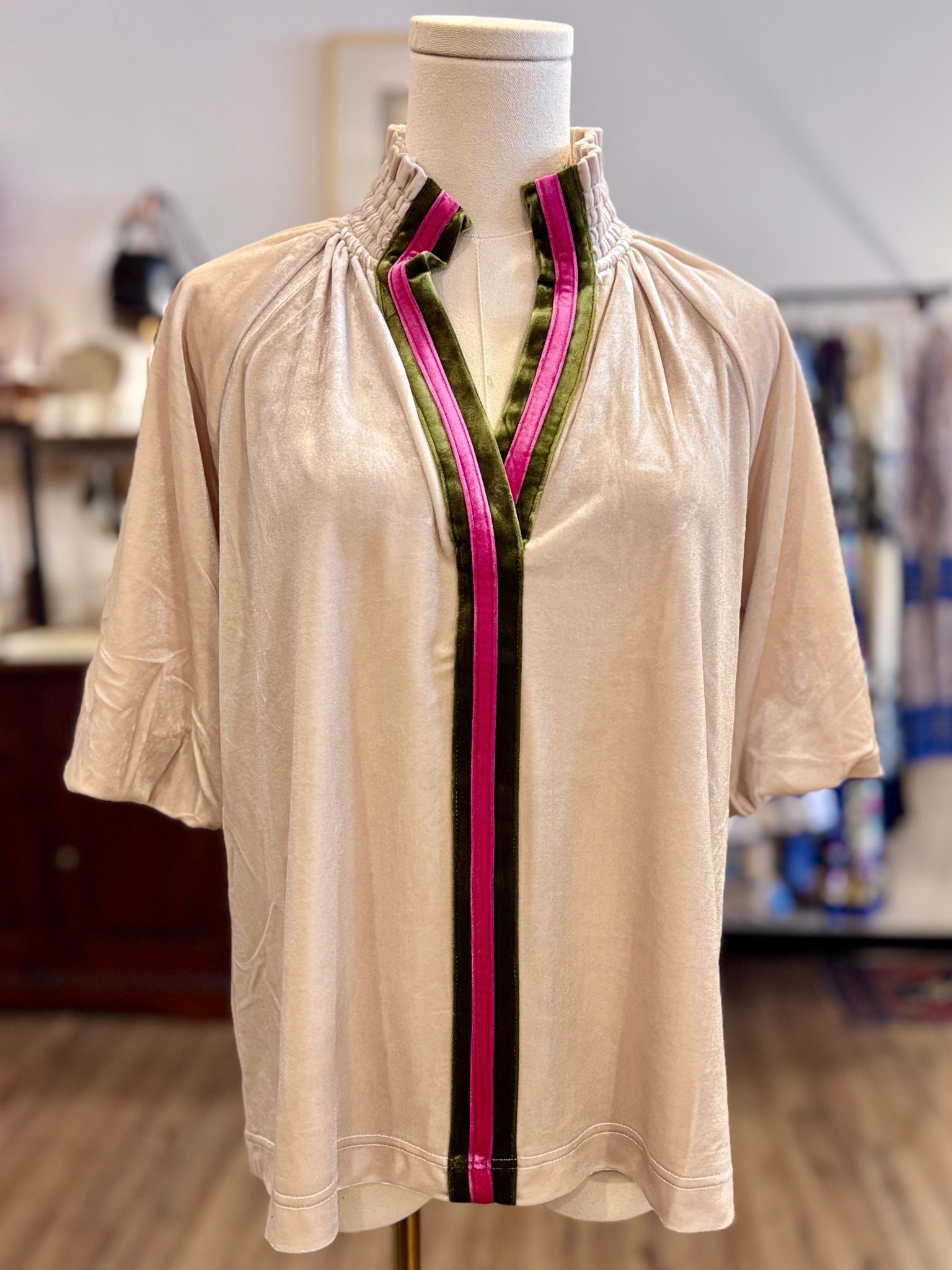 Beige Puff Sleeve Blouse with green and pink trim