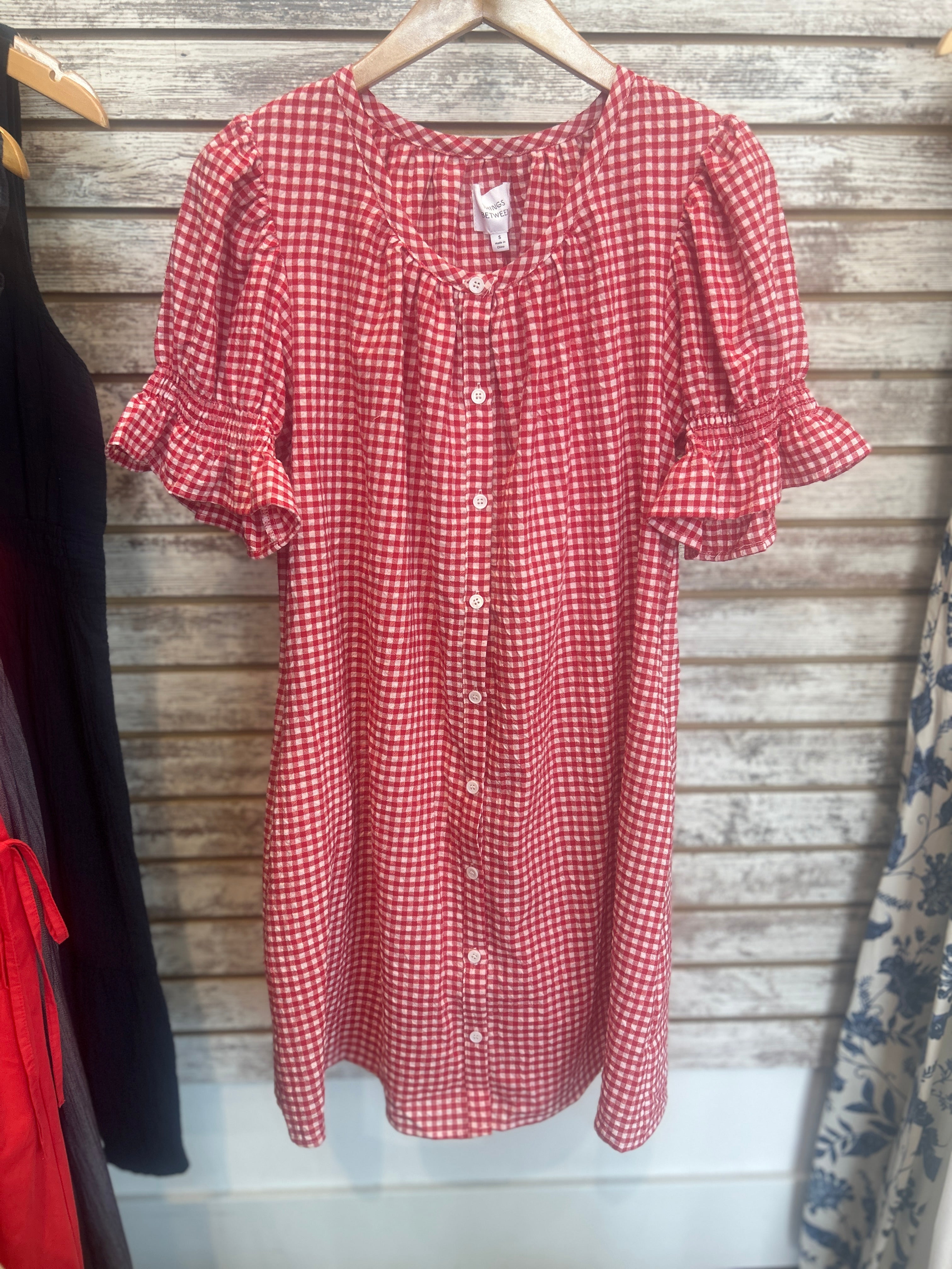 Gingham Puff Sleeve Button Down Mini Dress in Red