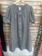 Gingham Puff Sleeve Button Down Mini Dress in Navy