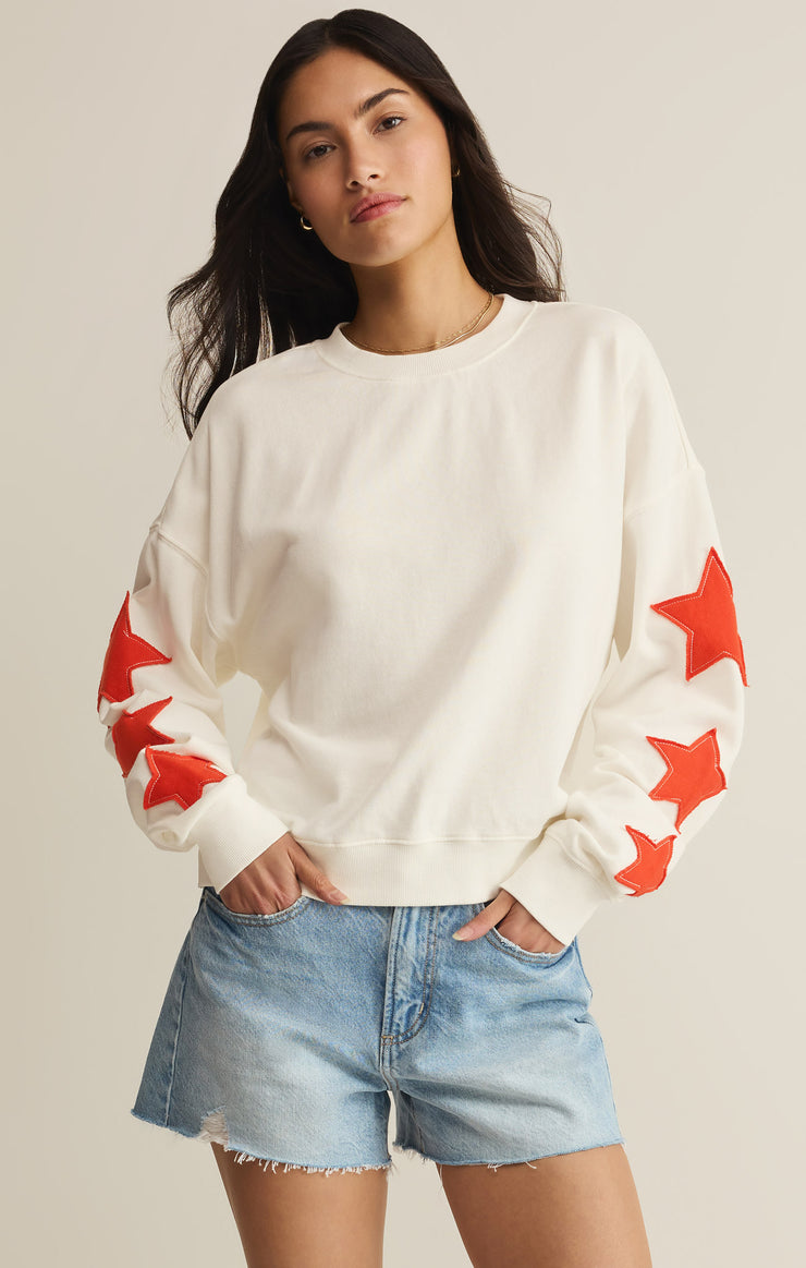 Z SUPPLY white crewneck sweatshirt with red stars on sleeves