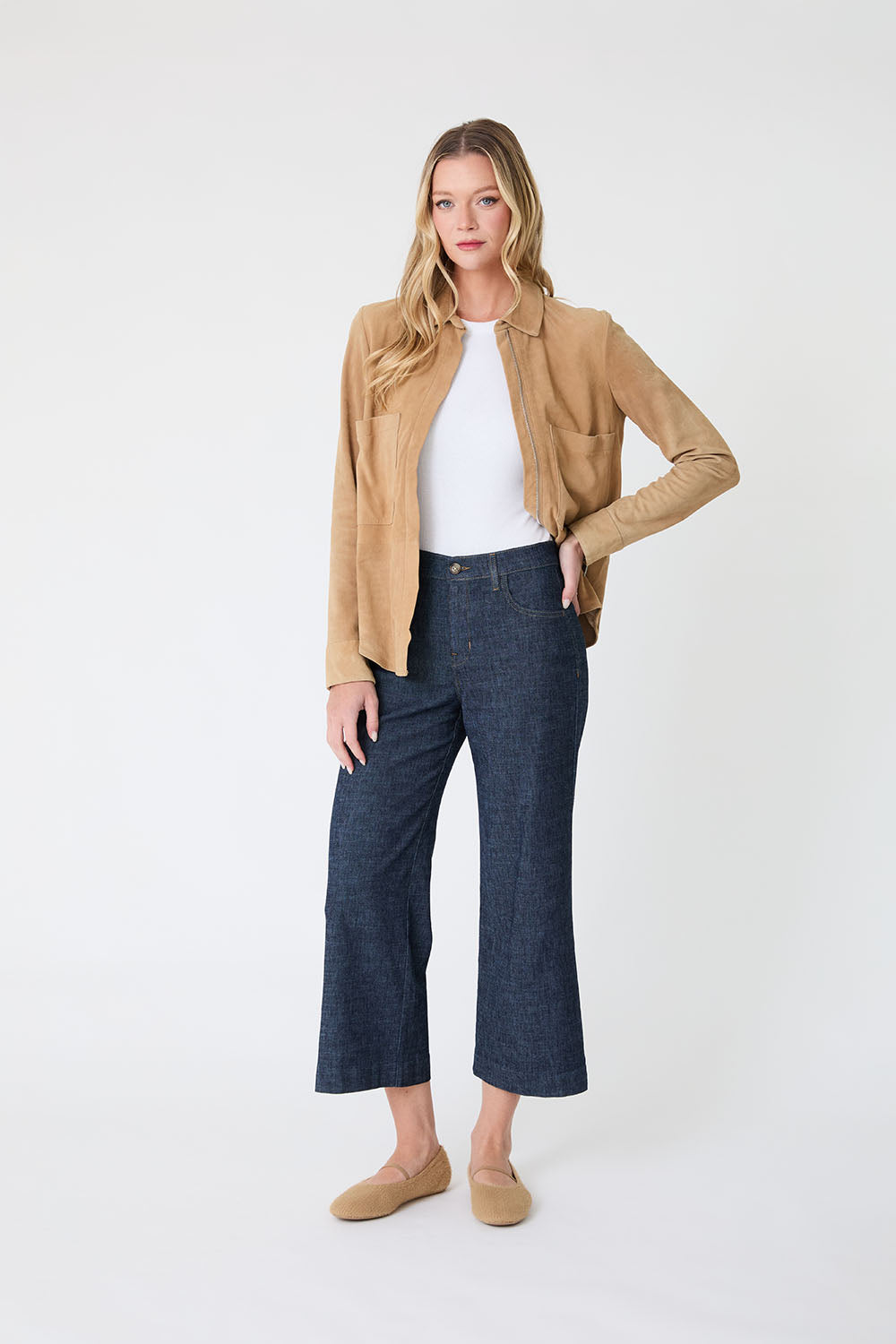 Level99 dark blue denim wide leg crop trousers