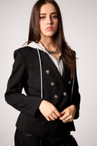 Blue Revival black Helen Double Breasted Blazer Hoodie with grey hoodie insert, silver button, silver zipper