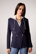 Blue Revival navy Helen Double Breasted blazer with removable grey hoodie insert, silver buttons, silver zipper