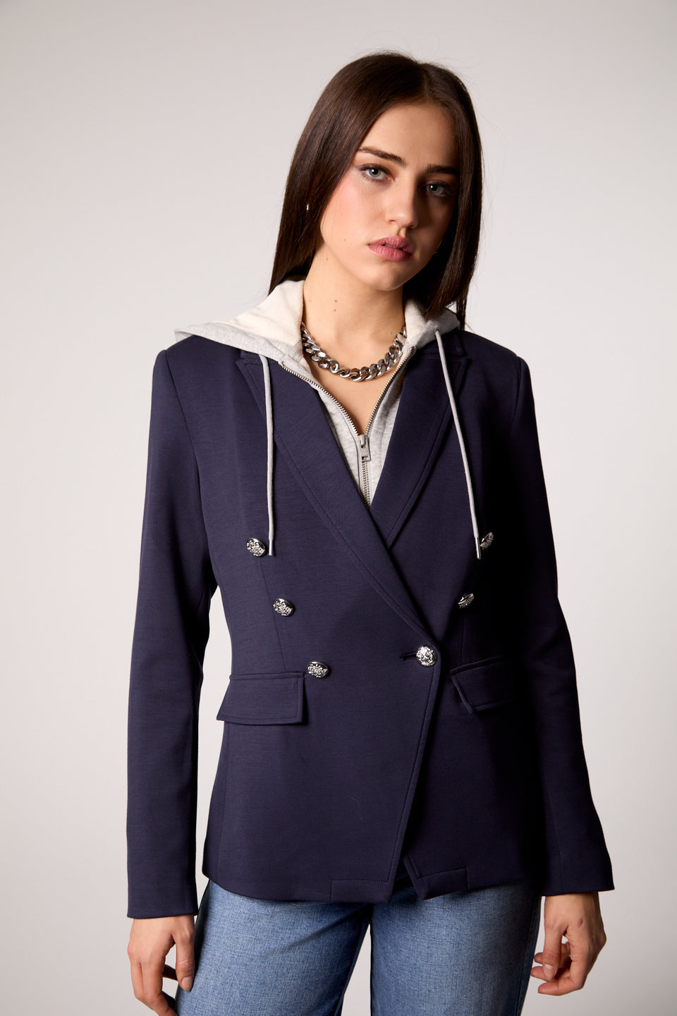 Blue Revival navy Helen Double Breasted blazer with removable grey hoodie insert, silver buttons, silver zipper