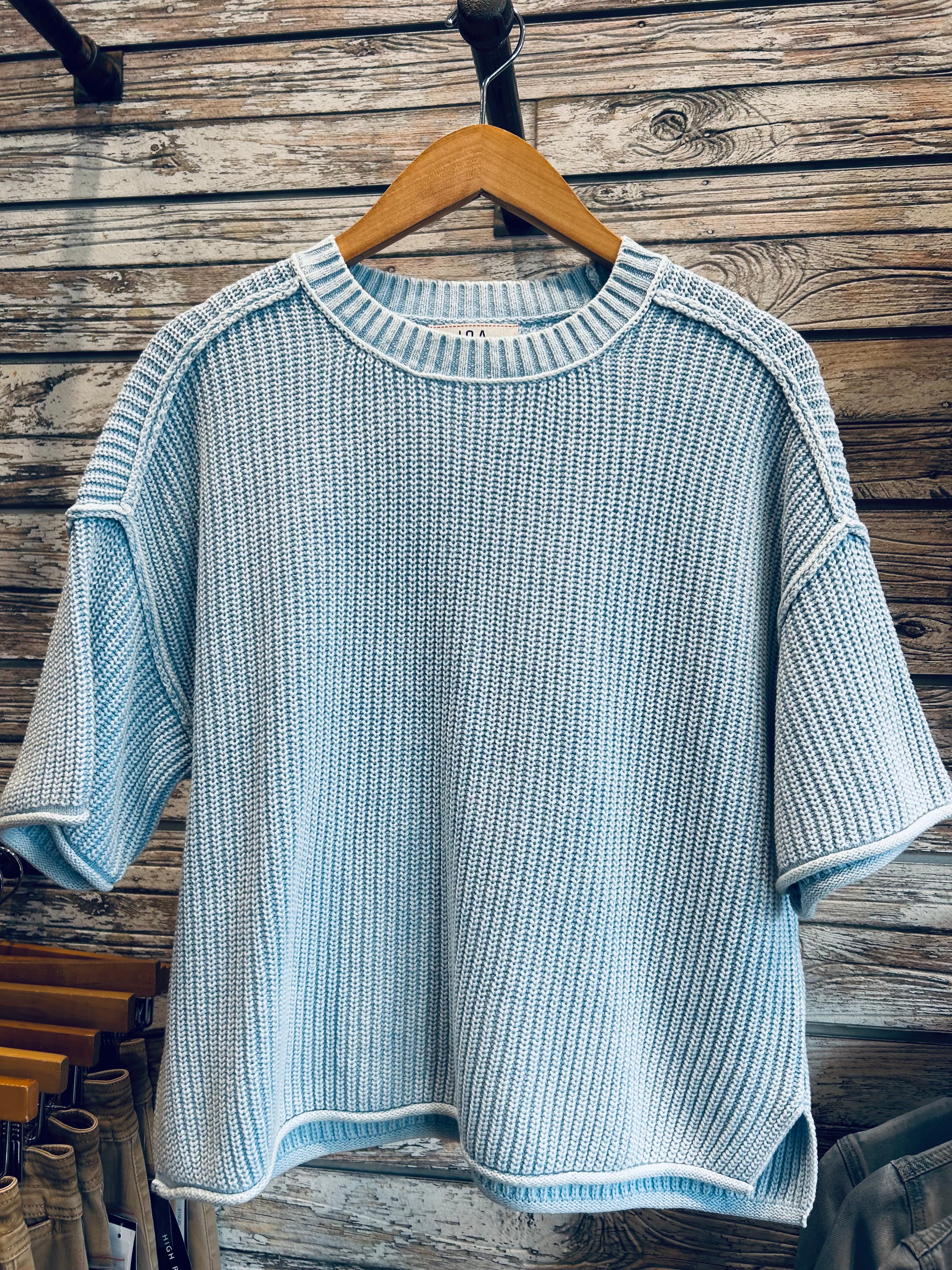 Light Blue Short Sleeve Cable Knit sweater