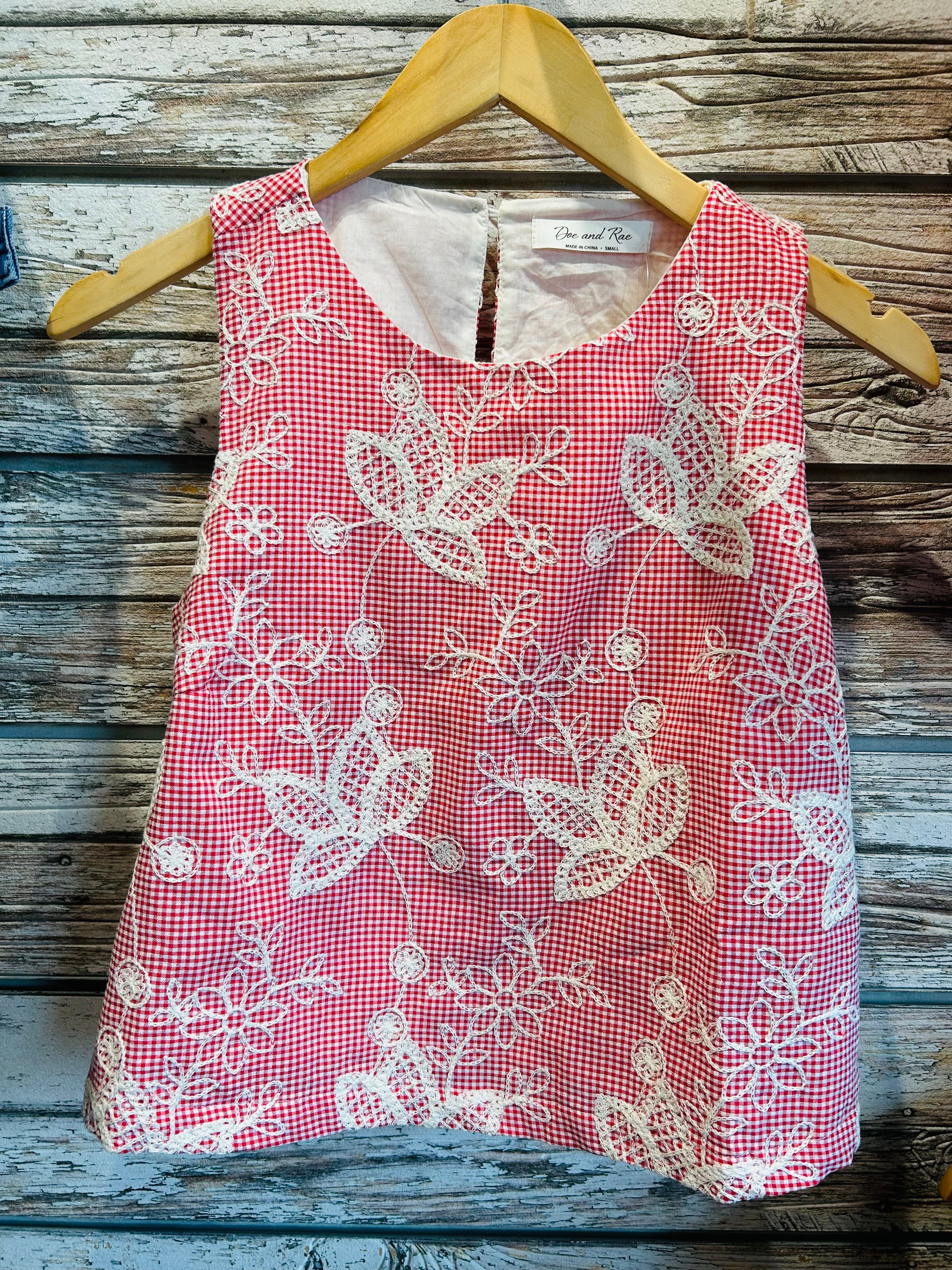 Red Sleeveless Gingham Blouse with White Flowers