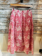 Red Gingham Maxi Skirt with Off-White Floral Embroidery