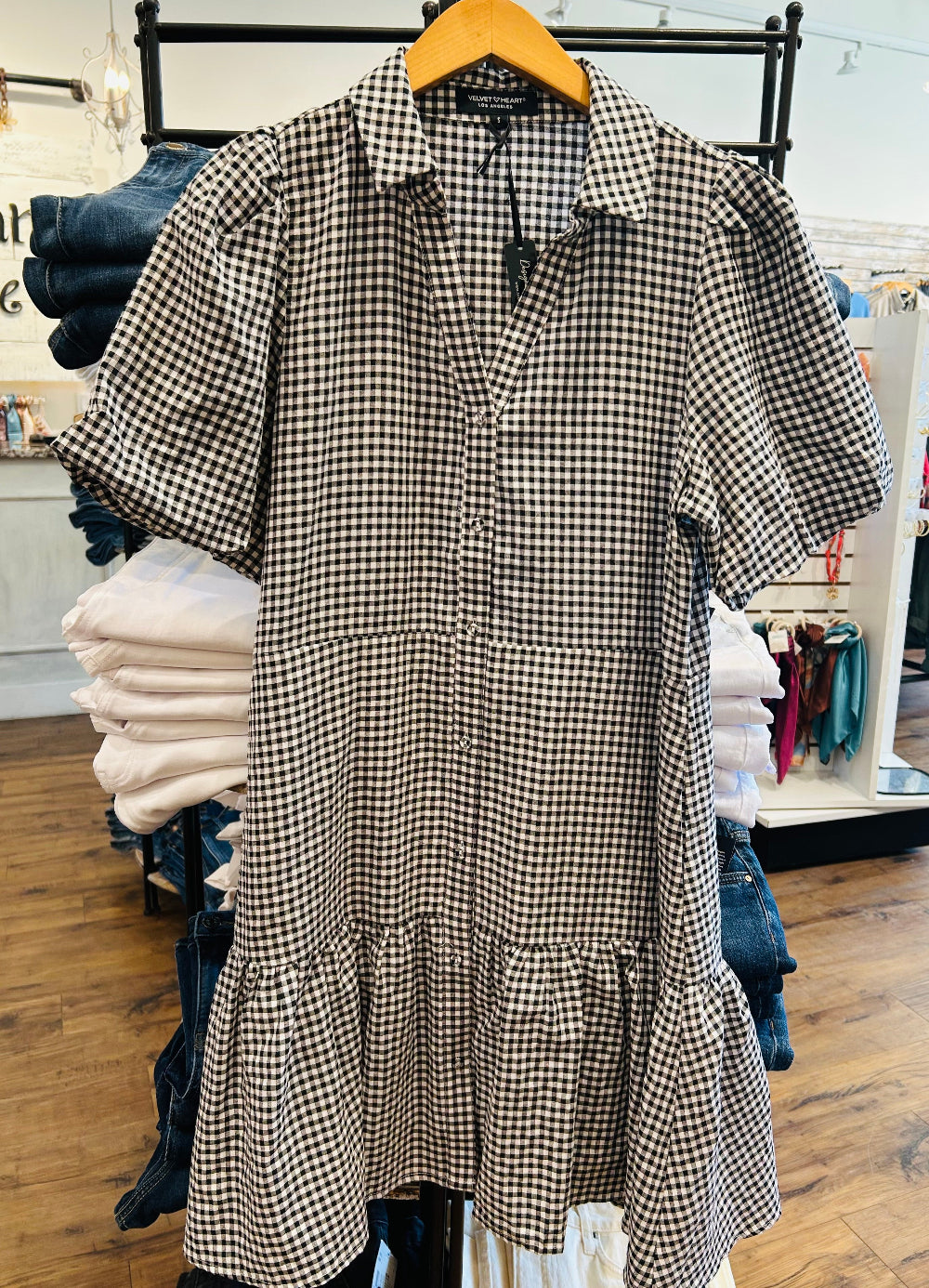 Velvet Heart Black and White Gingham Puff Sleeve Dress
