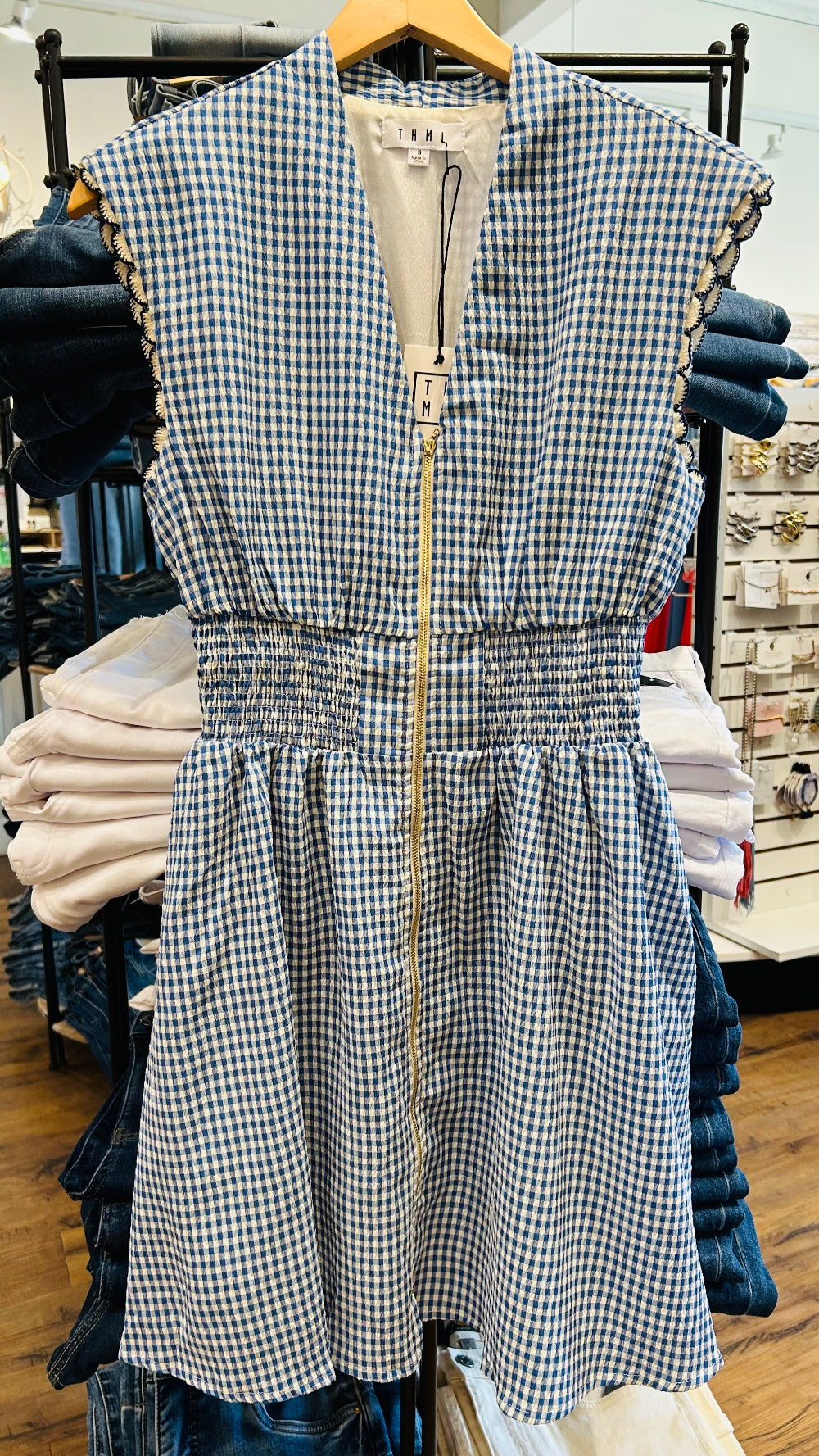 THML Short Sleeveless Zip Front Blue Gingham Dress