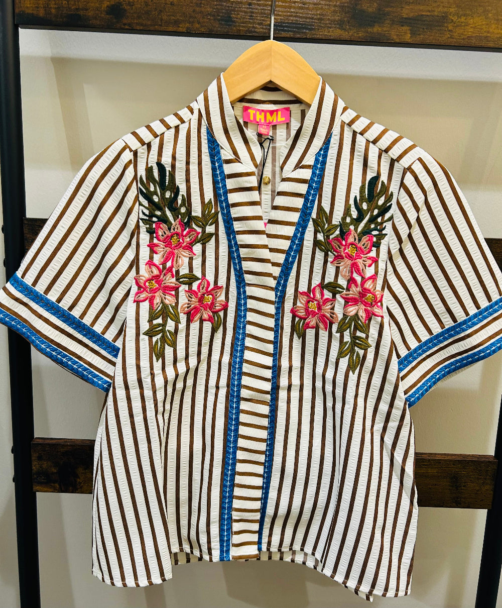THML Short Sleeve Striped Floral Embroidery Top in Brown/Cream Stripe