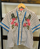 THML Short Sleeve Striped Floral Embroidery Top in Brown/Cream Stripe
