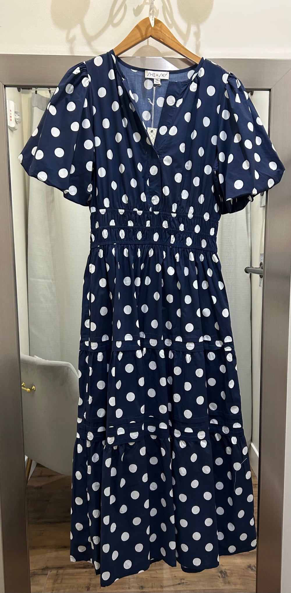 She & Sky Puff Sleeve Polka Dot Print Midi Dress in Navy