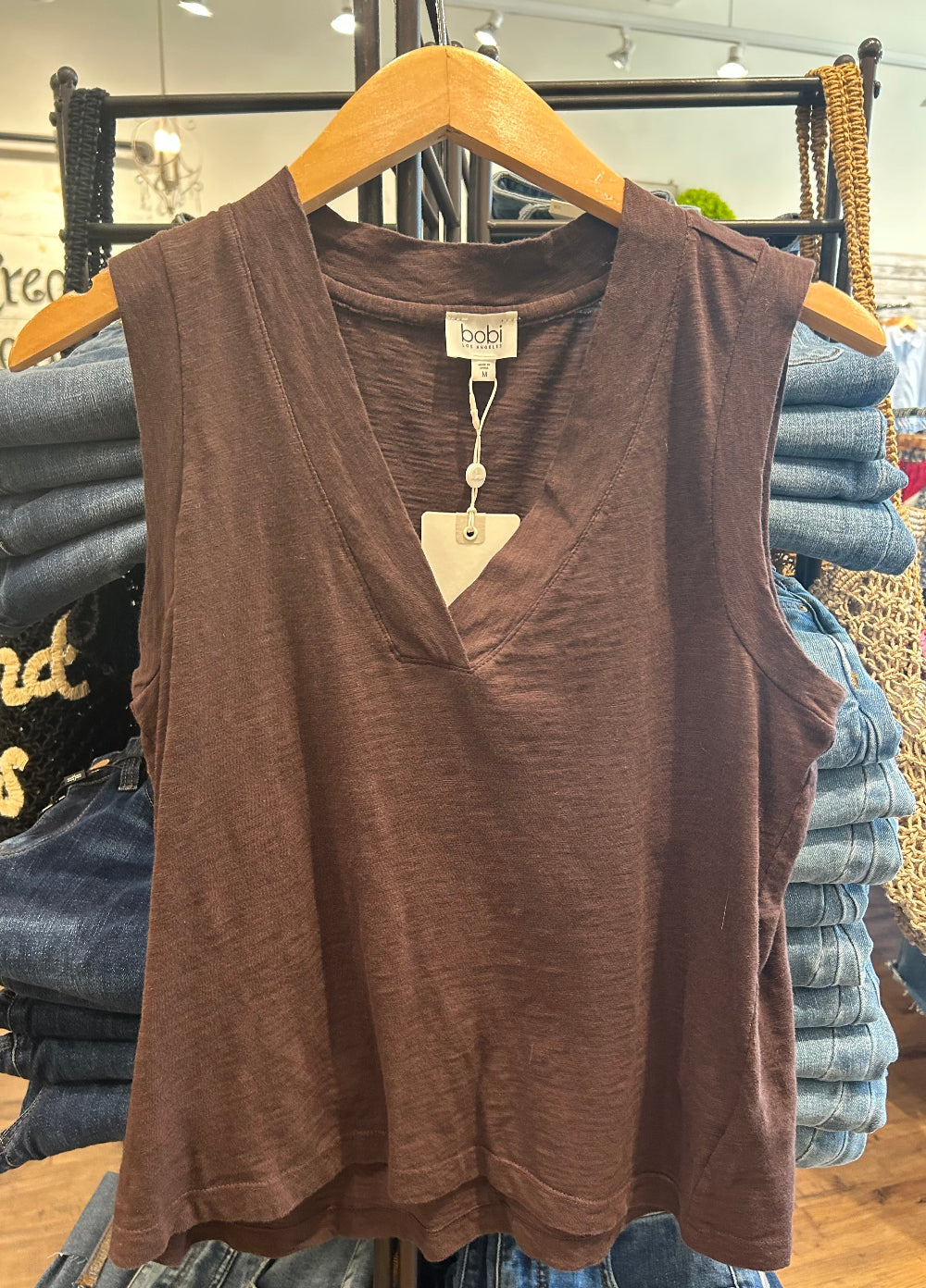 Banded V Neck Tank in Umber Brown