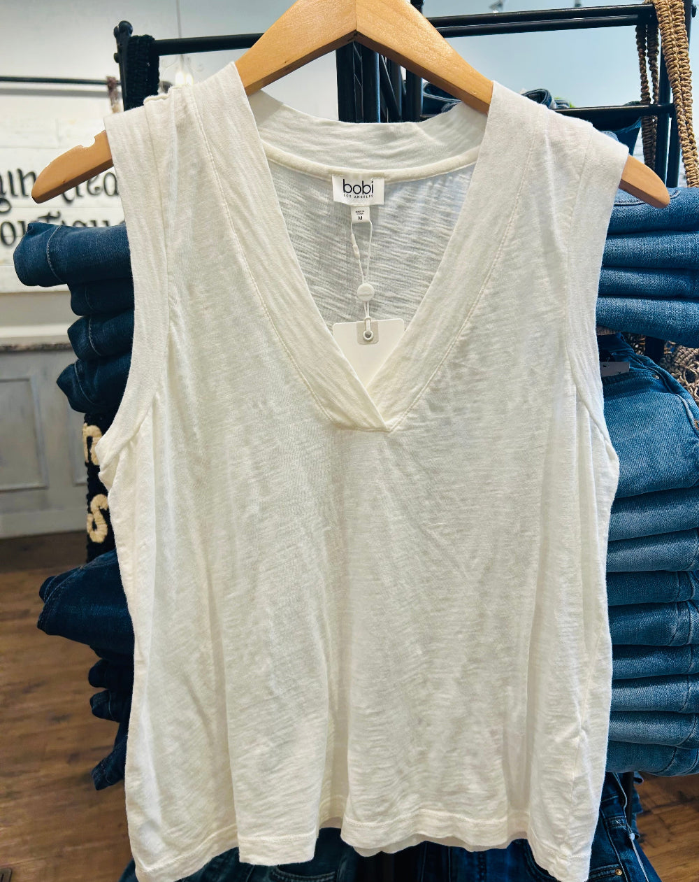 Banded V Neck Tank in Linen