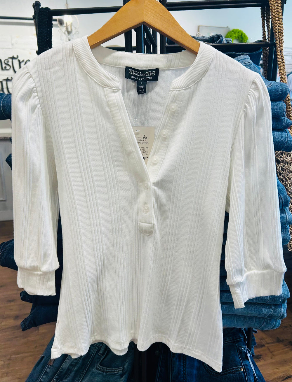 Mac and Me Button Front Elbow Sleeve Ribbed Top - White