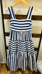 Pinch Contrast Stripe Tiered Midi Dress in Navy