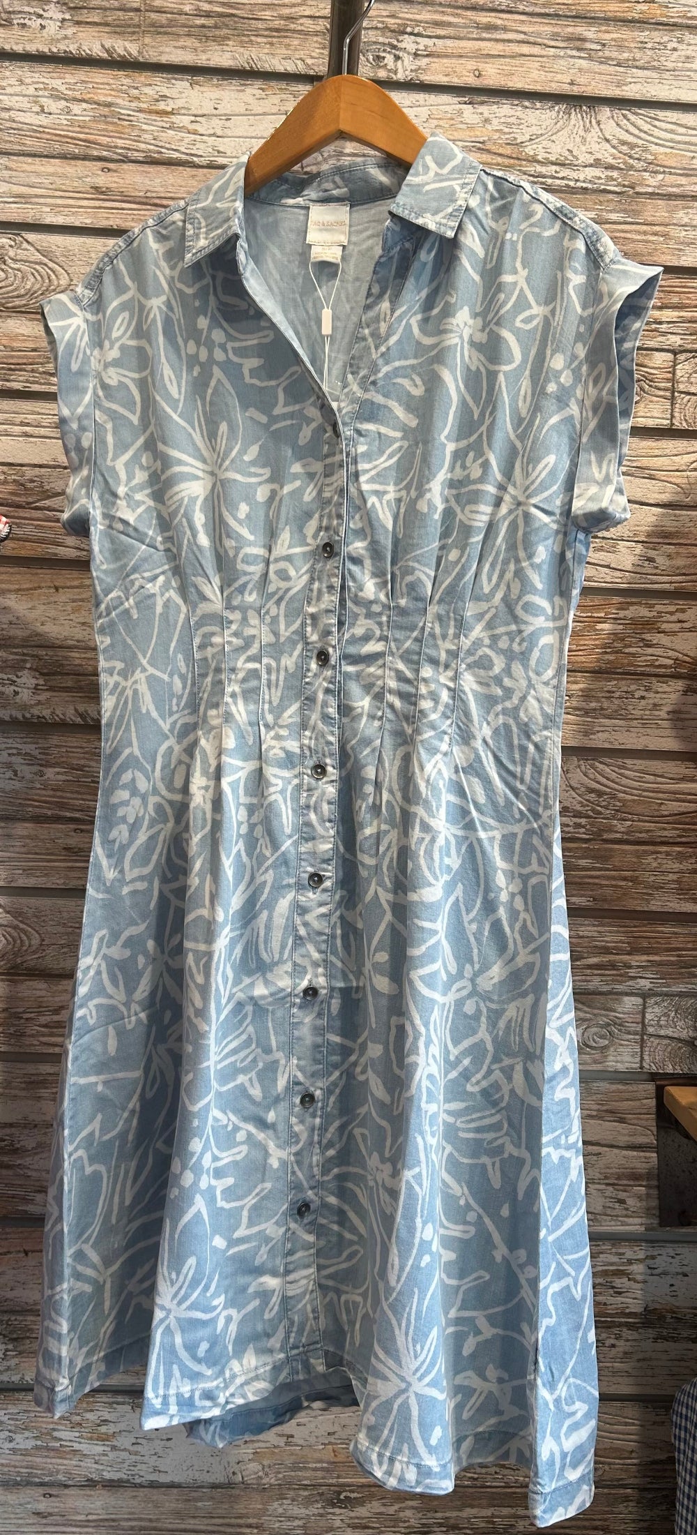 Button-Front Ruched-Waist Dress in Light Wash Palm Lines
