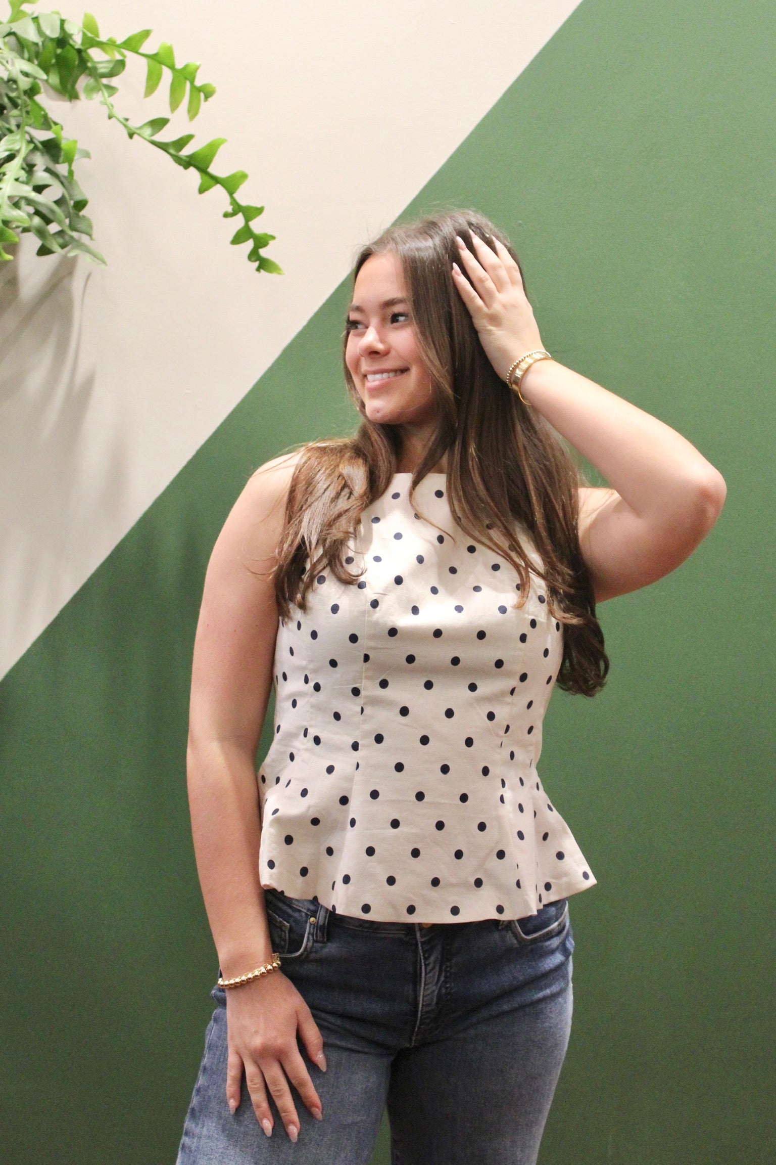 sleeveless, cream polka dot top with blue dots