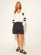 Off-White Button Up Sweater with navy blue detail