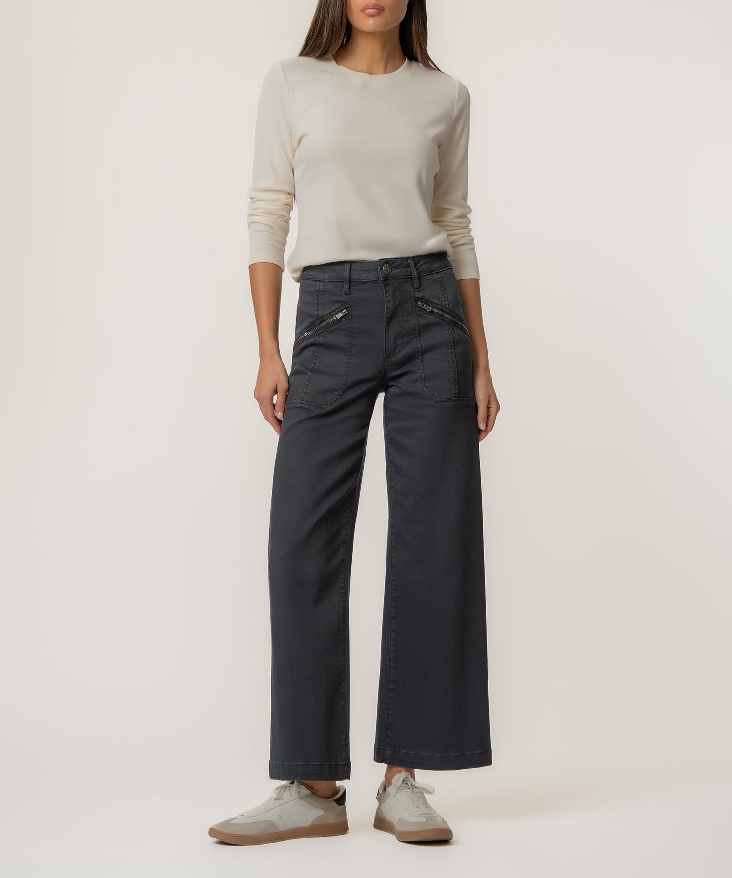 Black wide leg pants with front-zip pockets