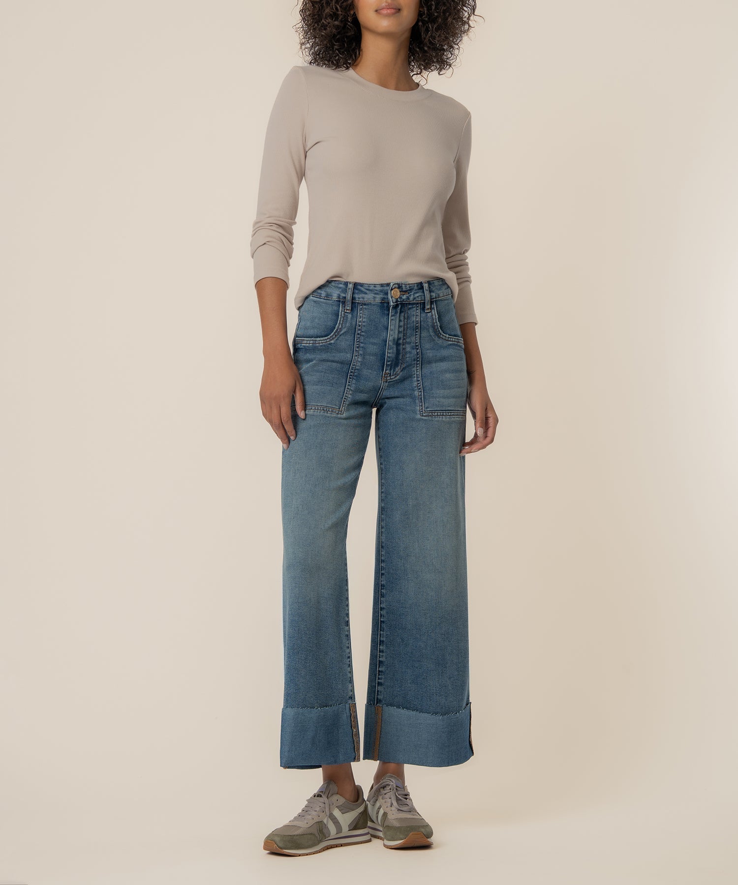 KUT Meg high rise wide leg jeans with rolled up hem and large front pockets