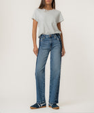 KUT Sienna high rise straight leg denim with dark blue contrast lines on the side 