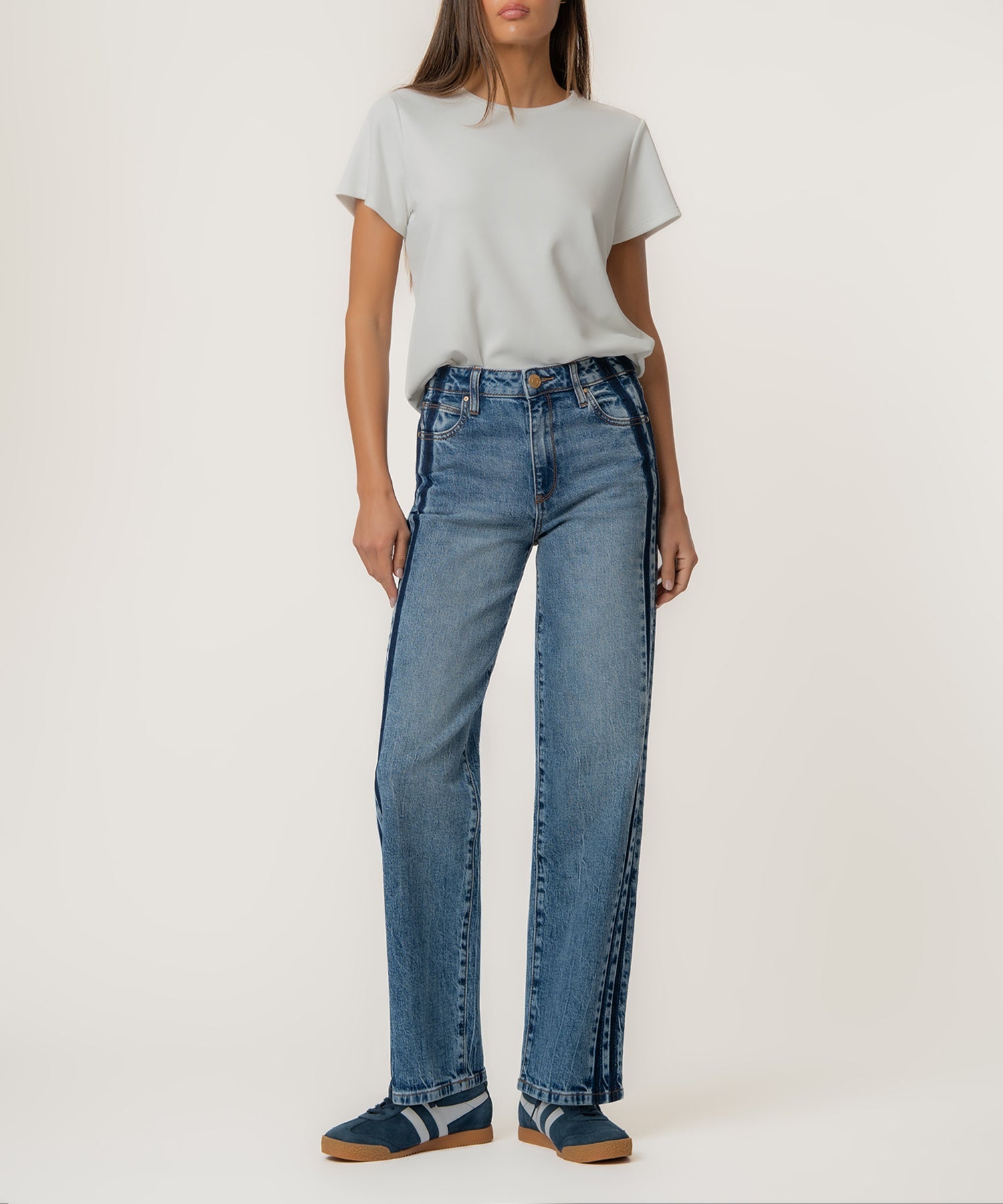 KUT Sienna high rise straight leg denim with dark blue contrast lines on the side 