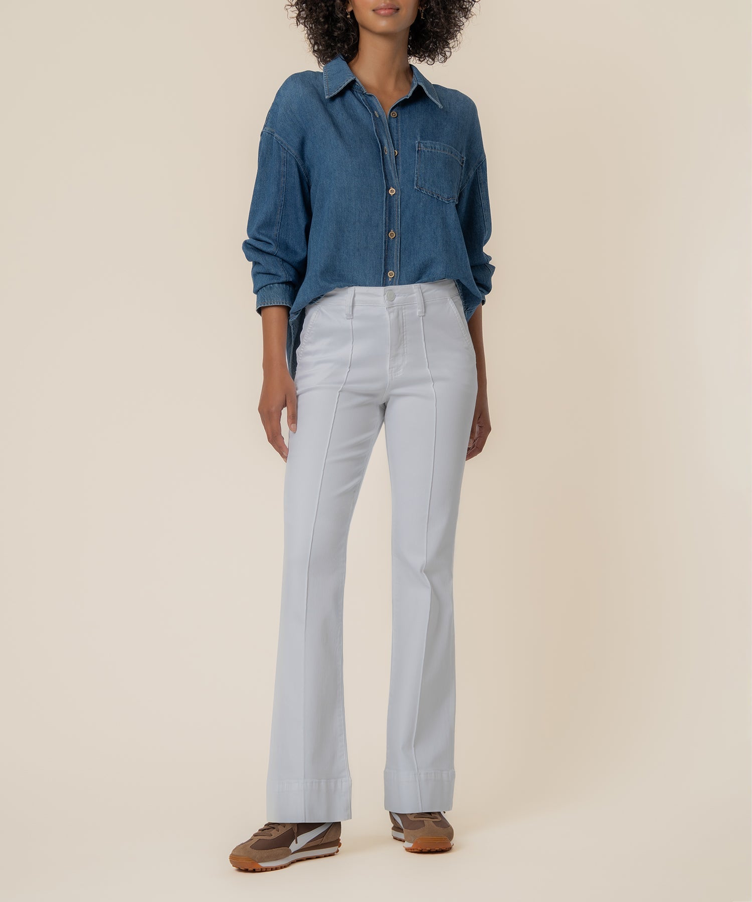 KUT Stella high rise flare denim in optic white with pin tuck details