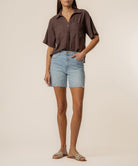 Kut from the Kloth brown short sleeve button down collared linen top