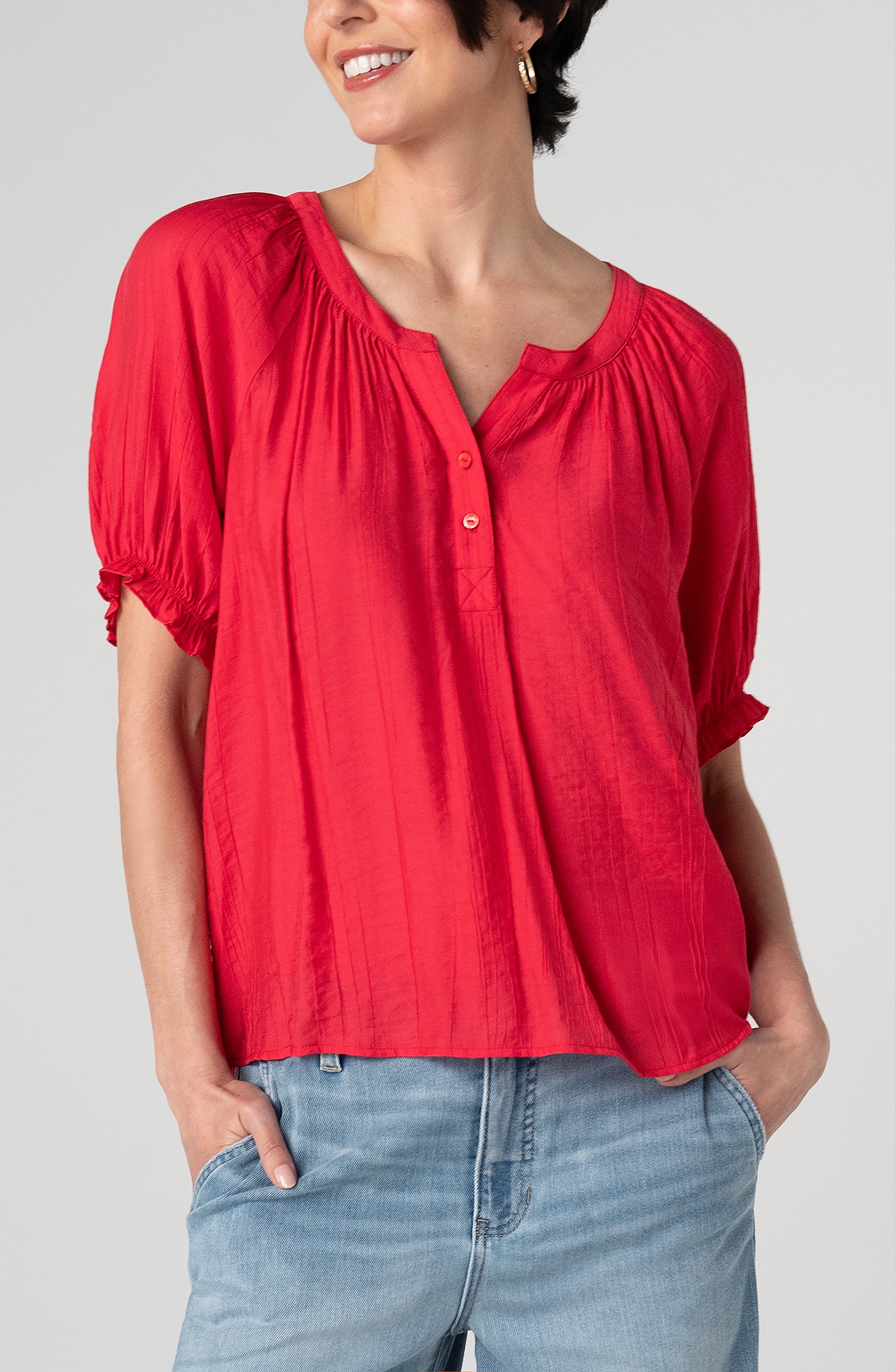 Liverpool Short Sleeve Half Placket Blouse in Red