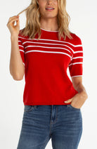 Liverpool Short Sleeve Crewneck Sweater in Firebrick White Stripe