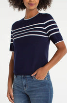 Liverpool Short Sleeve Crewneck Sweater in Navy White Stripe