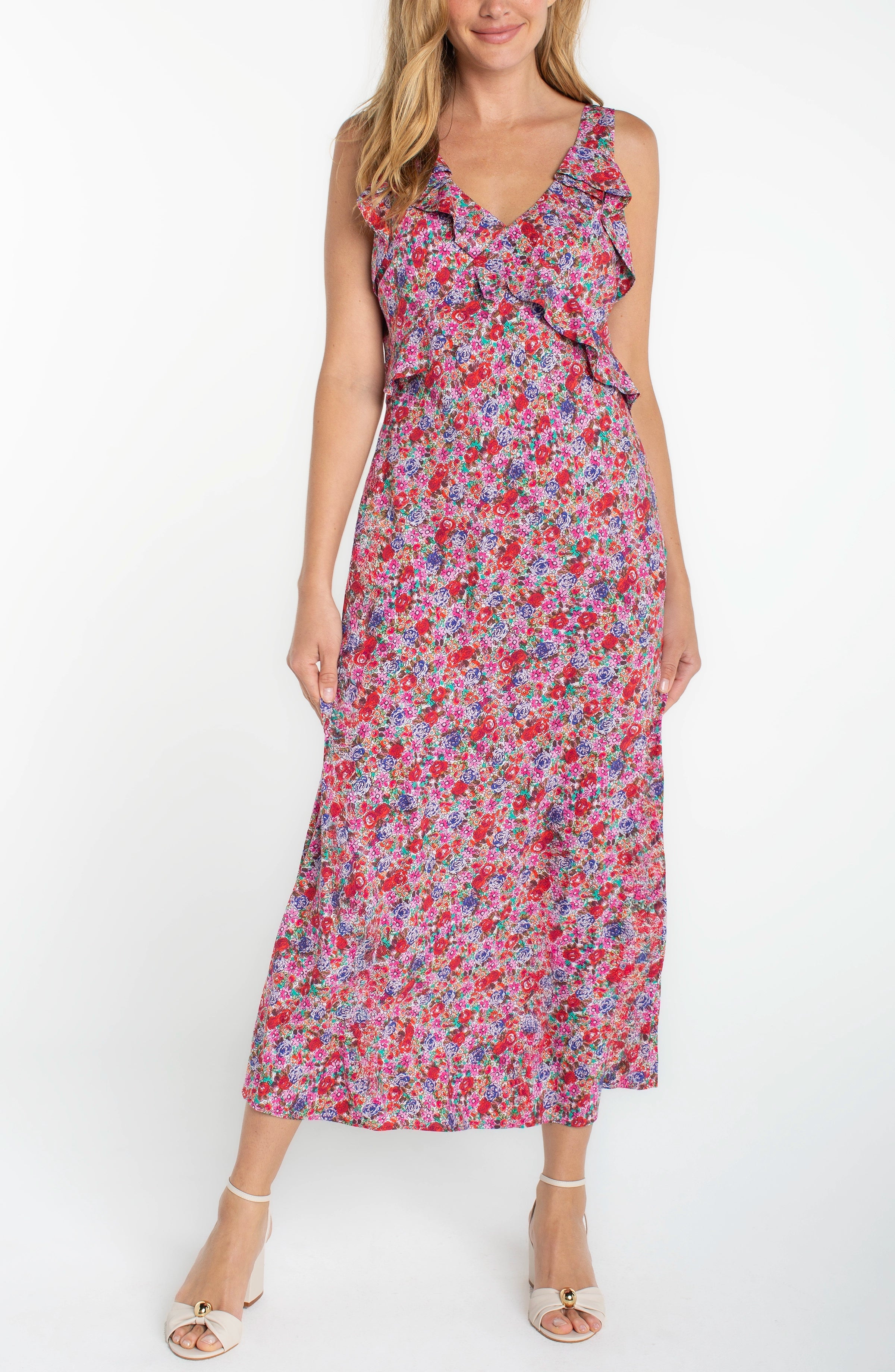 Liverpool Sleeveless Ruffle Front Woven Maxi Dress in Pink Multi