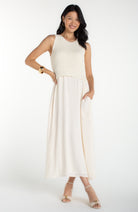 Liverpool Sleeveless Crew Neck Tie Back Sweater Woven Dress in Cream
